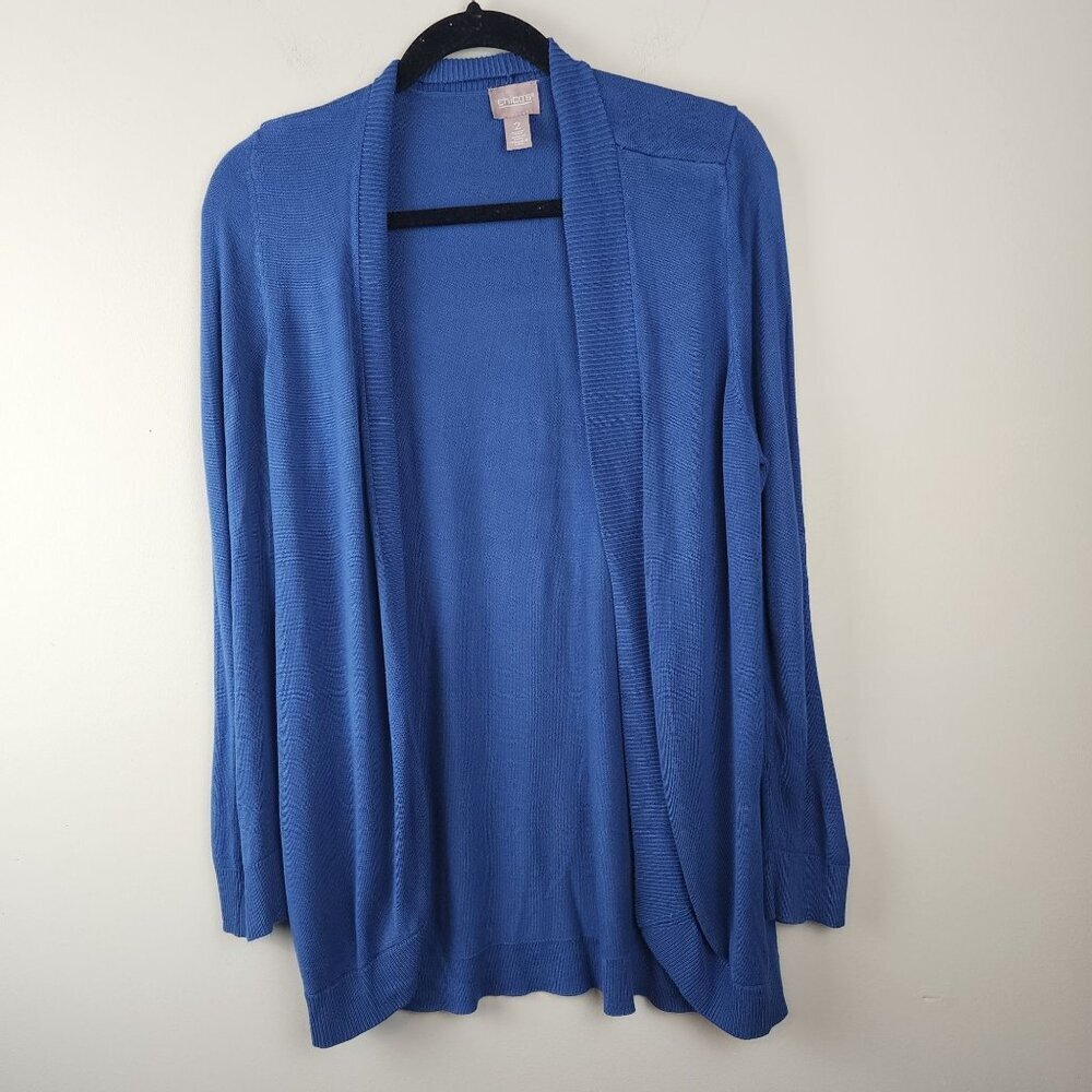 Chico's Women 2 / L  Open Front Blue Cardigan Sweater Relaxed Fit Lightweight
